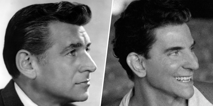 (L) Portrait of Leonard Bernstein mid-1950s and Bradley Cooper in Maestro.
